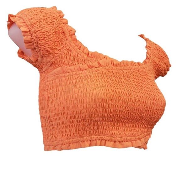 BCBGeneration Crop Top Women's MEDIUM Orange Smocked Off-The-Shoulder Stretch - Picture 3 of 11